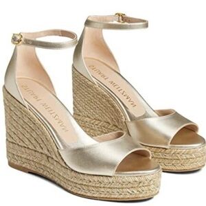 EUC SZ 11 Stuart Weitzman Nudistcurve Gold Metallic Espadrille Wedges